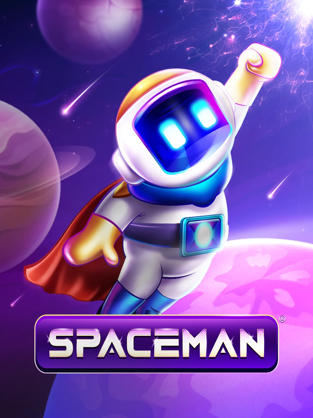 Tarjeta de juego espacial con estética futurista y microdato de popularidad alta.